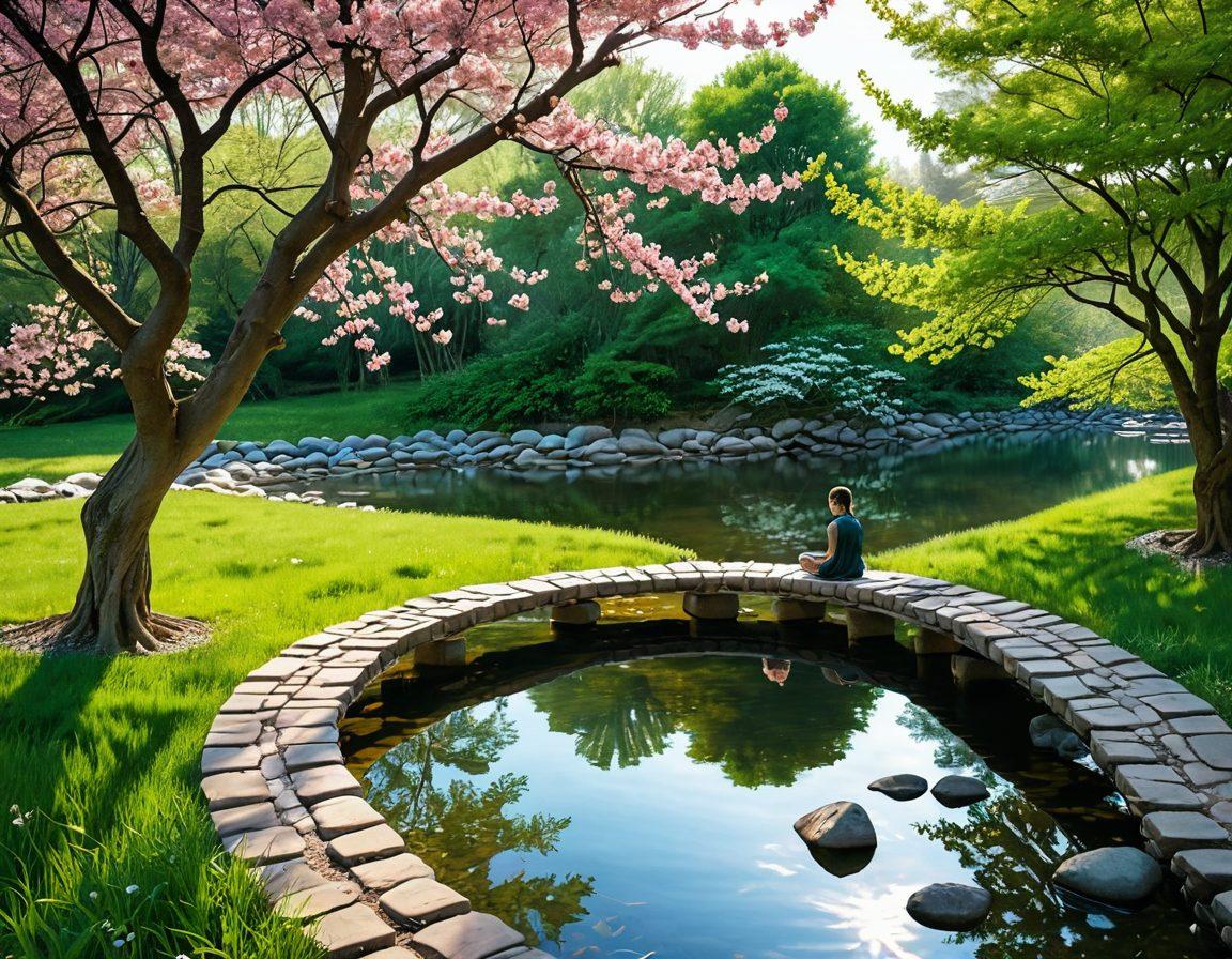 A serene landscape featuring a person meditating under a blossoming cherry tree, surrounded by gentle streams and soft sunlight filtering through the leaves. Elements of a peaceful mind, such as floating lotus flowers and harmonious colors, enhance the atmosphere. Incorporate symbols of personal growth like a winding path or stepping stones leading towards a bright horizon. soft focus. pastel colors. 3D.