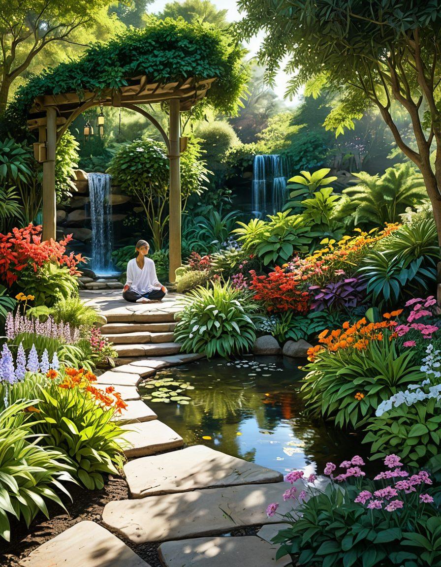 A serene landscape featuring a lush, tranquil garden with vibrant flowers and a peaceful pond, a person meditating on a stone path, surrounded by gentle waterfalls and soft, dappled sunlight filtering through the trees. Elements representing emotional wellness, like colorful birds and butterflies, flitting about. super-realistic. vibrant colors. white background.